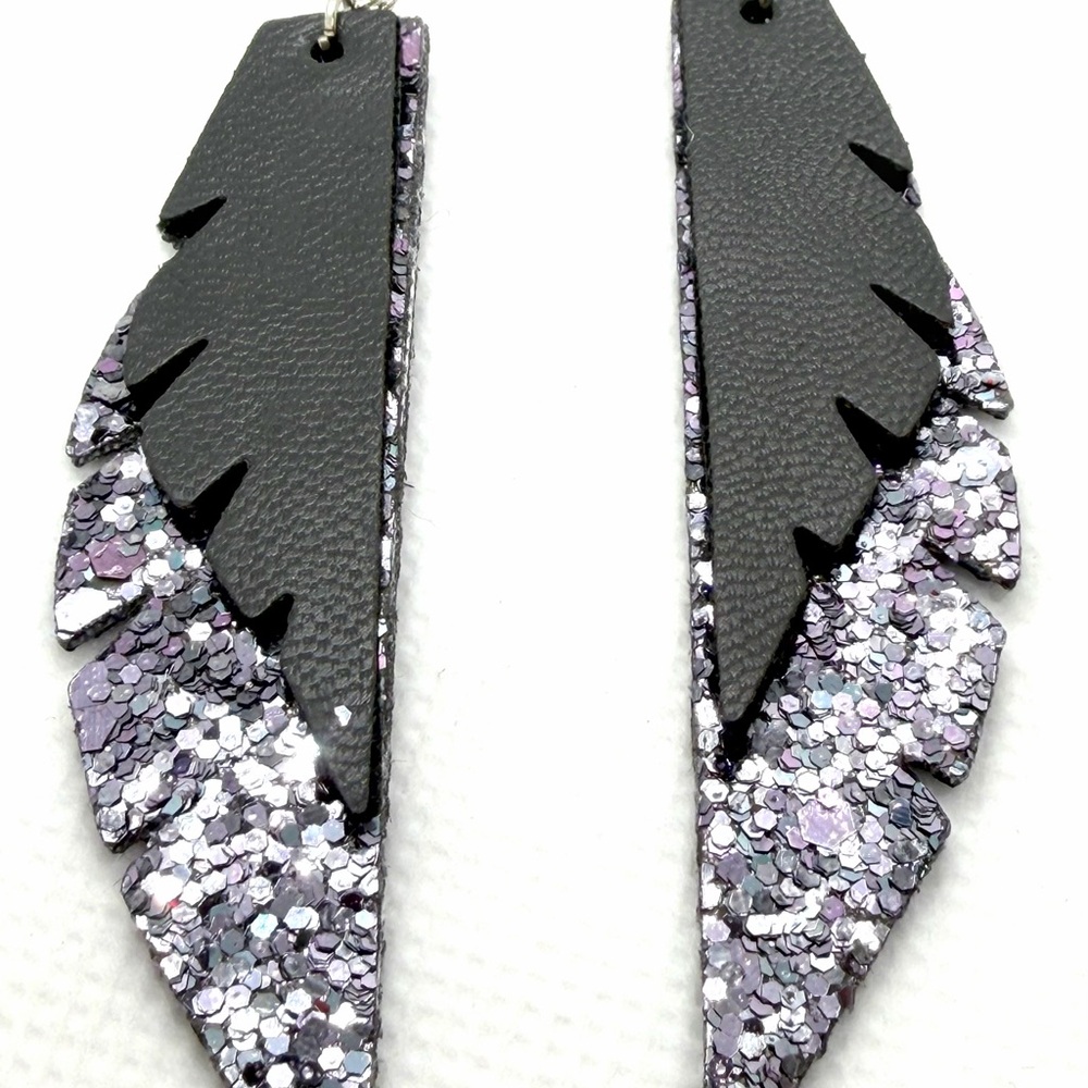 Handmade Black and Purple Glitter & Vegan Leather Feather Drop Earrings